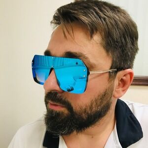 Shield Men Sunglasses Blue Mirrored Lens Rivets Accents Fashion Lentes Gafas New